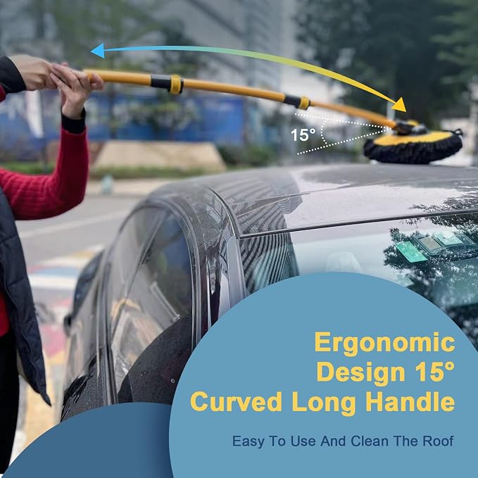 Car Wash Brush with Long Handle, Microfiber Car Wash Mop with Replaceable Chenille Brush Head, Soft Cleaning Brush with 15° Curved Extension Pole Car Wash Kit for RV Truck Camper, Yellow