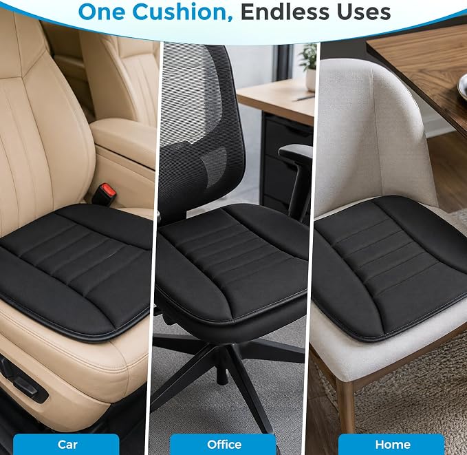 Car Seat Cushion, Memory Foam Seat Cover with Non-Slip Bottom, Universal Fit for Cars, Homes, and Offices - Soft and Comfortable, Black