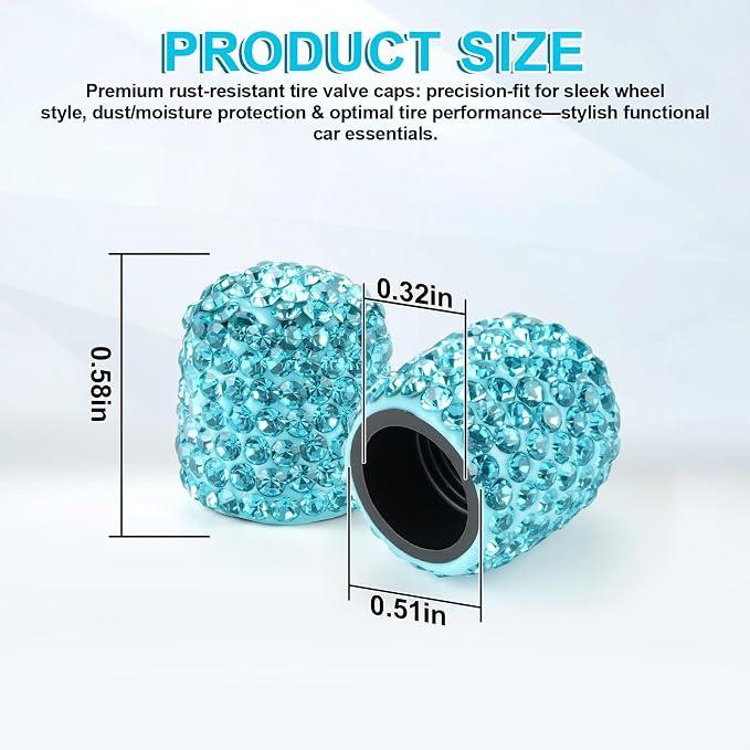 4 Pack Handmade Crystal Rhinestone Car Tire Valve Stem Caps, Car Wheel Tire Valve, Attractive Dustproof Bling Car Accessories, Universal for Cars, Trucks and Motorcycles-Pale Blue