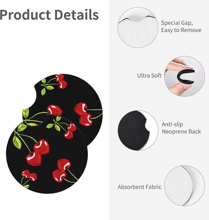 Cherry Hearts Red 3-Pc Car Set :Steering Wheel Cover + 2 Pc Car Coasters | neoprene Non-Slip Breathable Elasticity Universal for 14-15 Inch Car for Men Women