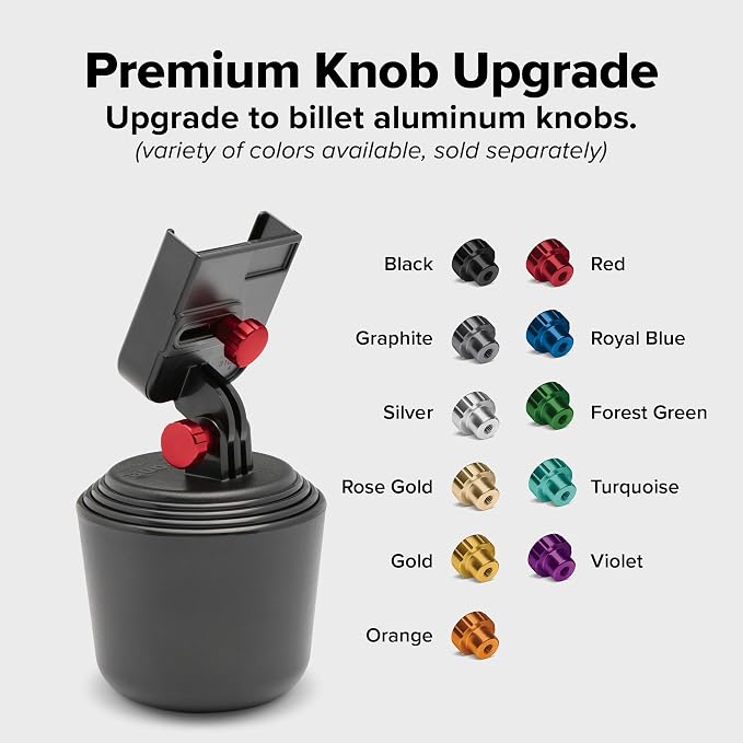 CupFone, Universal Cup Holder Phone Mount for Cars – Adjustable & Secure Fit with Open Access for Charging – Compatible with iPhone, Android - Metal Knobs, Gold