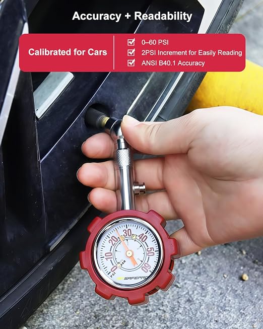 Tire Pressure Gauge, 5-60 PSI, ANSI B40.1 Certified, Extended 360° Swivel Head, Hold & Bleed Button, Dual Guard,Tire Gauges Fit for Cars and Motorcycles - Compact & Battery-Free