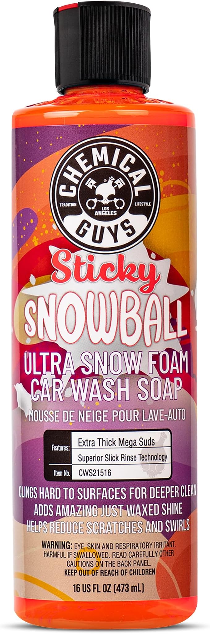 CWS21516 Sticky Snowball Ultra Snow Foam Car Wash Soap (Works with Foam Cannons or Bucket Washes) Safe for Cars, Trucks, Motorcycles, RVs & More 16 fl oz, Cherry Scent