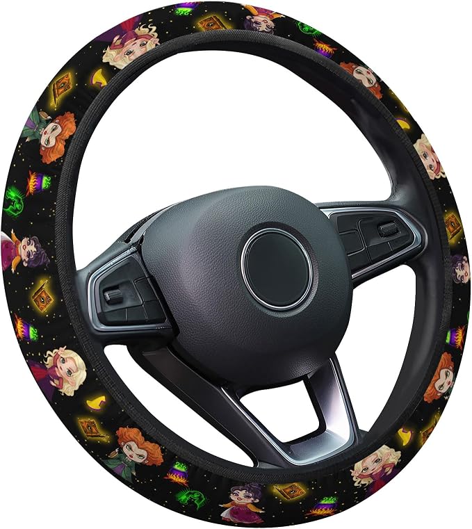 Black Witchy Halloween Steering Wheel Cover, Non-Slip Polyester Wheel Grip, Universal 15 Inch Car Accessory