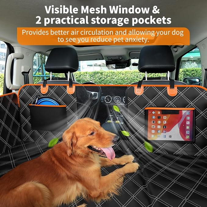 Back Seat Extender for Dogs, Hard Bottom Dog Car Seat Cover for Back Seat Waterproof with Mesh Window and Storage Pocket, Dog Hammock for Cars & SUVs