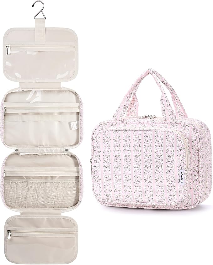 Hanging Toiletry Bag for Women Travel Makeup Bag Organizer Toiletries Bag for Travel Size Essentials Accessories Cosmetics (Pink Flower Buds (Medium))