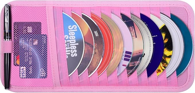 Car CD Case Holder, Vehicle Sun Visor Organizer for Cars with 12 DVD Storage Sleeves, 1 Mesh Pocket, 1 Pen Holder and Elastic Strap, Pink