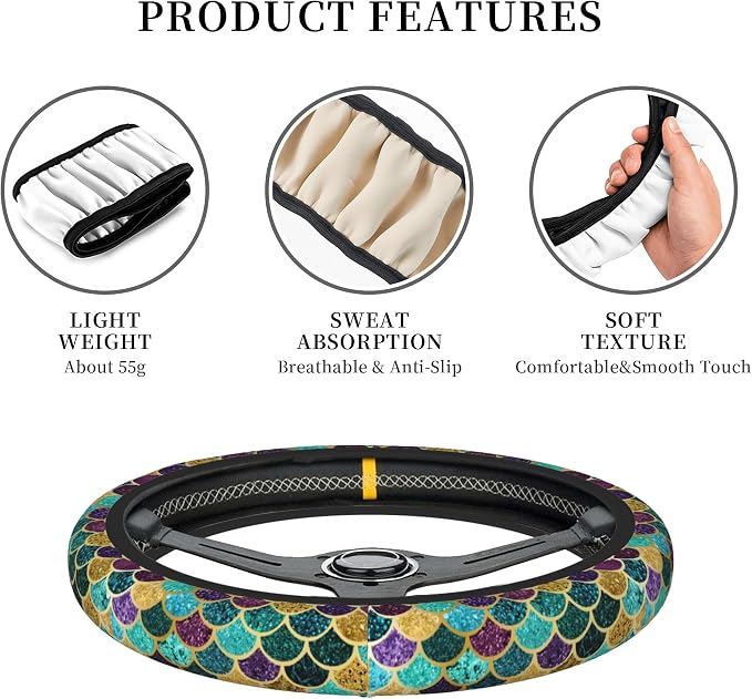 Glitter Mermaid Scales Steering Wheel Cover Cute for Women Men Car Accessories Universal 15 Inch Anti-Slip Automotive Steering Wheels Protector Covers for Truck SUV Sedan Turquoise