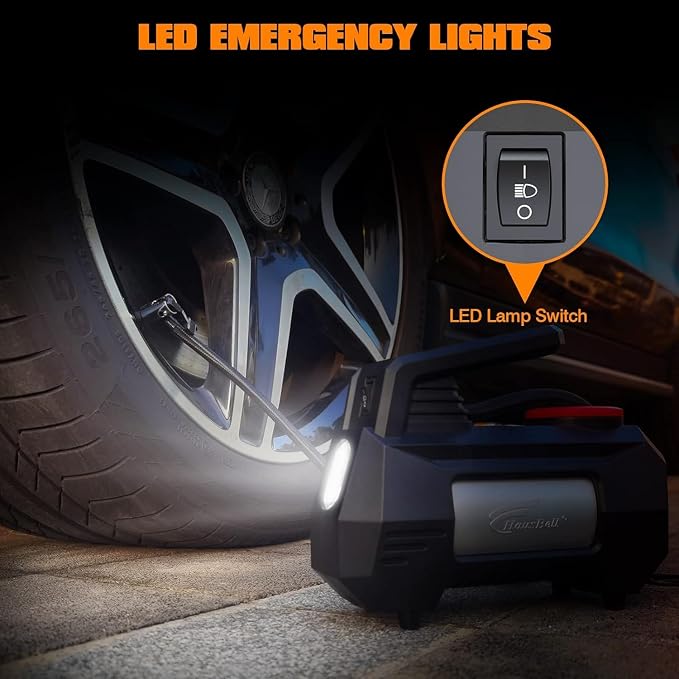HAUSBELL Tire Inflator 150PSI Portable Air Compressor | 12V DC, 35L/Min fast inflation for SUV, Sedan & more. Digital gauge with auto shut-off. LED light for roadside & night use.