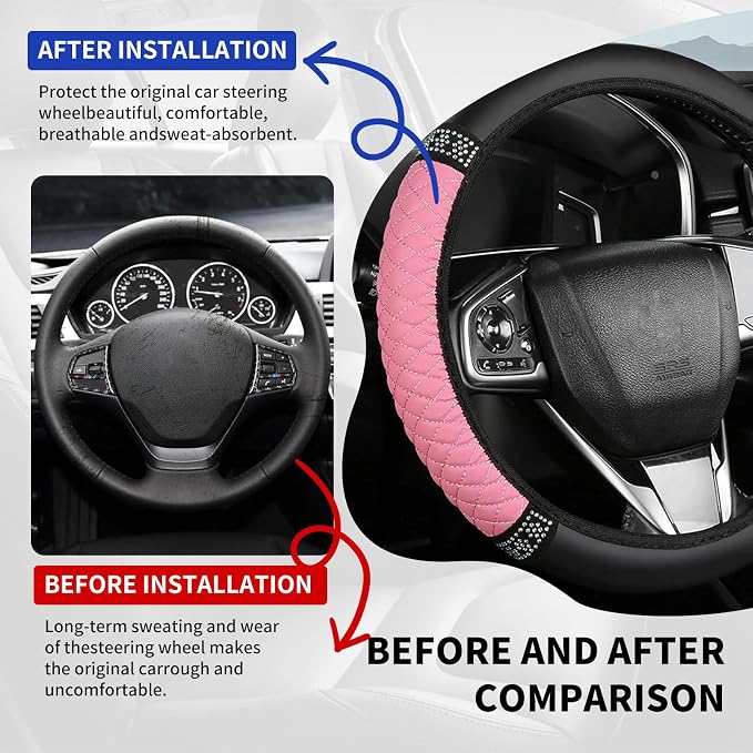 Bling Car Steering Wheel Cover, 15 Inch Rhinestones Soft Leather Elastic Steering Wheel Protector, Sparkly Crystal Diamond for Women, Car Interior Accessories for Most Cars (Pink)