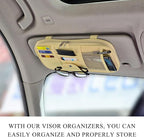 Car Sun Visor Organizer, Double Zipper Leather Visor Storage Pouch with Multi-Pocket, Sunglass Holder Storage Pocket with Elastic Band for Cars SUVs Trucks, Car Accessories (Beige)
