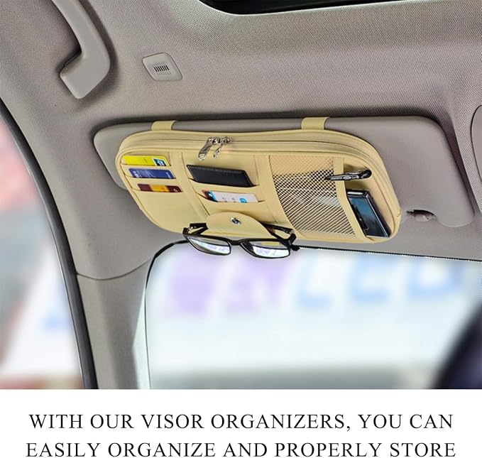 Car Sun Visor Organizer, Double Zipper Leather Visor Storage Pouch with Multi-Pocket, Sunglass Holder Storage Pocket with Elastic Band for Cars SUVs Trucks, Car Accessories (Beige)