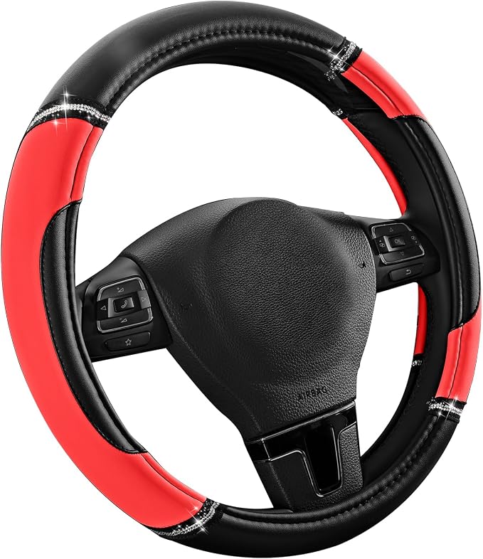 Leather Steering Wheel Cover - Made with PVC Leather - Anti-Slip, Universal Fit 14 1/2 inches to 15 inches - Red