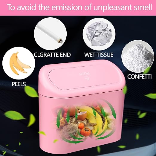 Pink Car Trash Can with Lid, Mini Auto Garbage Can with 30 Trash Bags, Leakproof Automotive Garbage Container Bin, Multipurpose Organizers and Storage for Car, Home, Office (Pink)