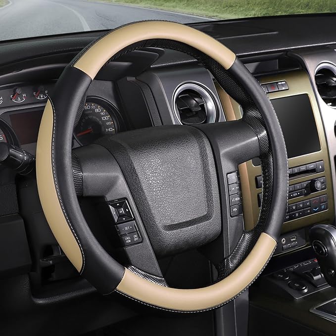 Car Steering Wheel Cover Large-Size for F150 F250 F350 Ram 4Runner Tacoma Tundra Range Rover with 15 1/2 inches-16 inches Outer Diameter, Black and Beige Microfiber Leather