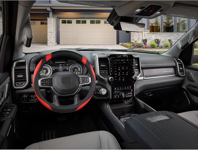 Customized Auto Car Steering Wheel Cover for Dodge RAM 1500 2500 3500, 15.5-16 inch (Black+Red-Large Size)