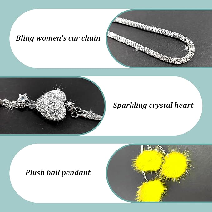 Bling Diamond Heart Car Interior Accessories, Heart & Pink Plush Ball Decor Ornament Pendant, Hanging Decoration Charm (Yellow)