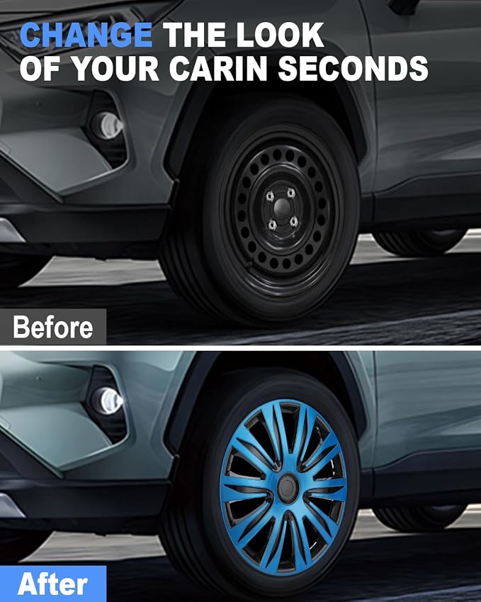 Hubcap Wheel Covers Hub Caps 16 Inch Set of 4 Black & Blue Universal Wheel Rim Cover R16 Stylish Car Decor Wheel Covers