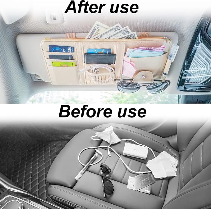 Car Sun Visor Organizer Auto Interior Accessories Pocket Organizer, Sunglasses Holder Car Truck Visor Storage Pouch for Cards, Pens and Document - Beige