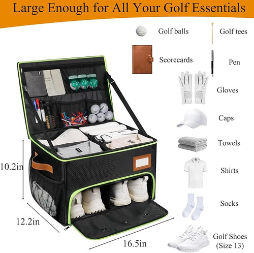 2 Layer Golf Trunk Organizer, Golf Organizer with 2 Pairs Shoes Compartment, Golf Storage Waterproof Car Trunk Locker for Balls, Caps, Clothes, Gloves, Accessories, Gifts for Golfers