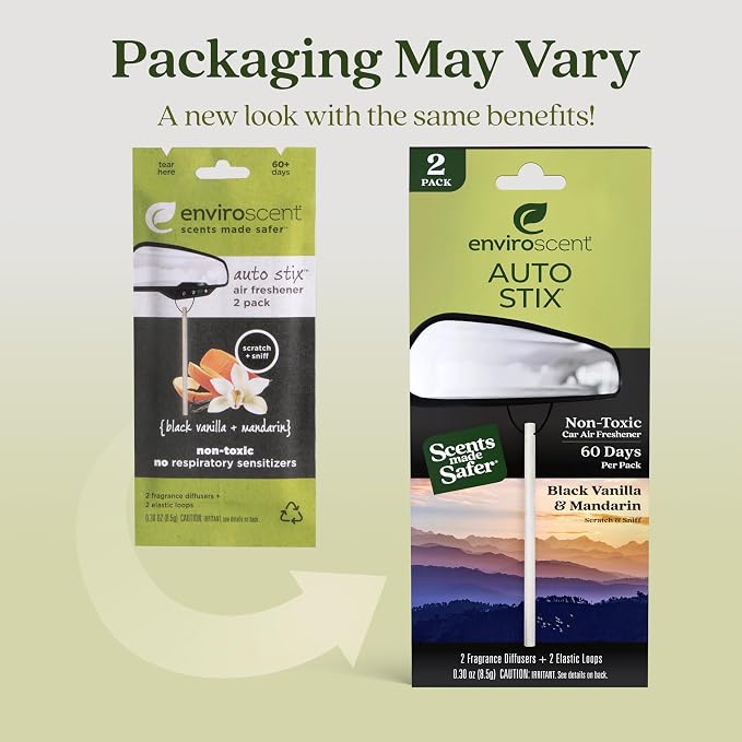 Non-Toxic* Car Air Freshener Auto Stix® - Scents Made Safer - Enjoy Fragrance Lasts Up to 480 Days - Includes Auto Stix® Diffusers & Elastic Loops - Black Vanilla & Mandarin (Pack of 8)