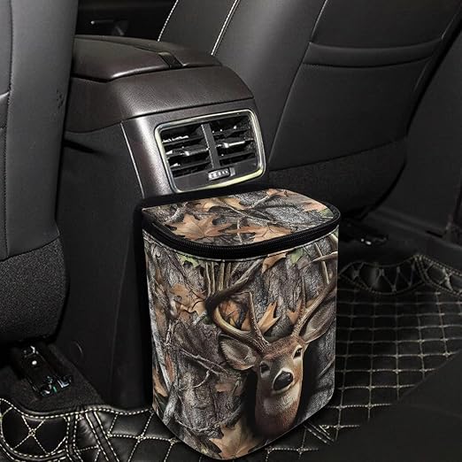Deer Hunting Camo Print Car Trash Can with Lid, Leak Proof Auto Trash Bag Hanging Vehicle Garbage Can Multipurpose Storage Container for Back Seat Road Trip
