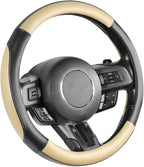 Car Steering Wheel Cover for Medium Standard Size Steering Wheels with 14 1/2-15 inches Outer Diameter, Black and Beige Microfiber Leather