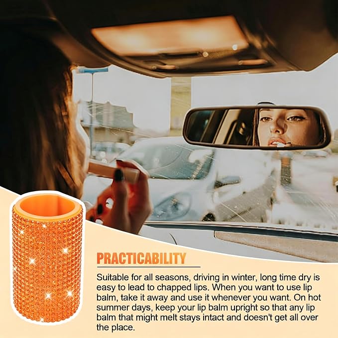 Upright Car Chapstick Holder, Bling Insulating Lip Balm Holder,Rhinestone Car Accessories for Women Interior,Suitable for Most Vehicles. (Orange)
