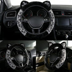 Leopard Fluffy Car Steering Wheel Cover with Keychain 14-15 inch Gray Black | Cute Steering Wheel Covers with Ears Keychain Universal Elastic Steering Wheel Protector Accessories for Women Girls