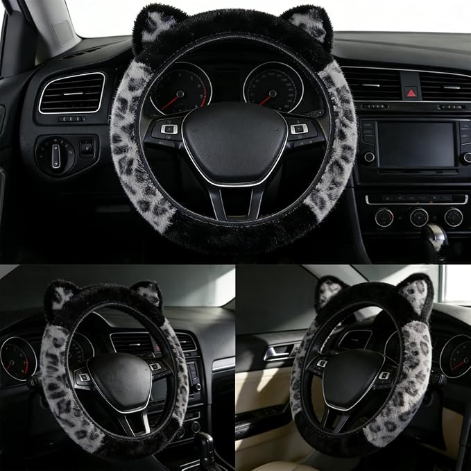 Leopard Fluffy Car Steering Wheel Cover with Keychain 14-15 inch Gray Black | Cute Steering Wheel Covers with Ears Keychain Universal Elastic Steering Wheel Protector Accessories for Women Girls