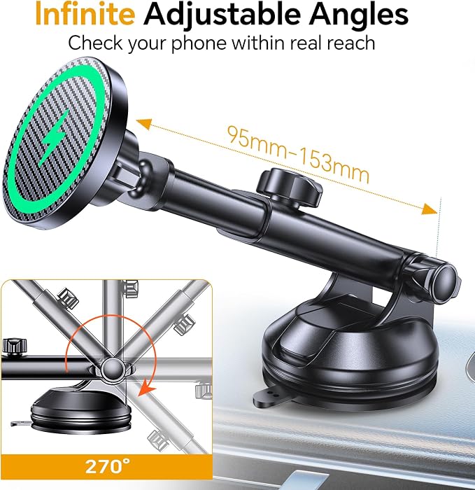 for MagSafe Car Mount Charger【Ultra Magnet】 Magnetic Phone Holders for Your Car Charger【Windshield+Vent+Dash】 Magnetic Wireless Car Phone Holder Charger Car Mount for iPhone 17 (Carbon Fiber)