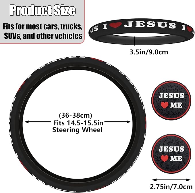 Christian I Love Jesus Car Steering Wheel Cover for Men & Women with 2 Pack Car Coasters, PU Leather Elastic Steering Wheel Protector, Faith Gifts, Universal 15" Fit for Cars, SUVs, Trucks