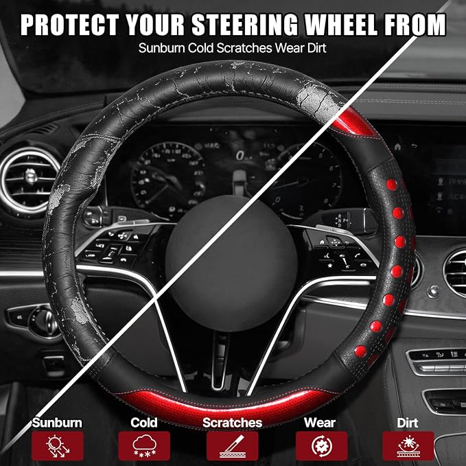 Hiseanllo Car Steering Wheel Cover, 14.5-15 Inch Universal Fit, Sporty Anti-Slip Leather Steering Wheel Protector with Glossy Color Accent, Comfortable Grip for Cars, SUVs, Trucks(Red)