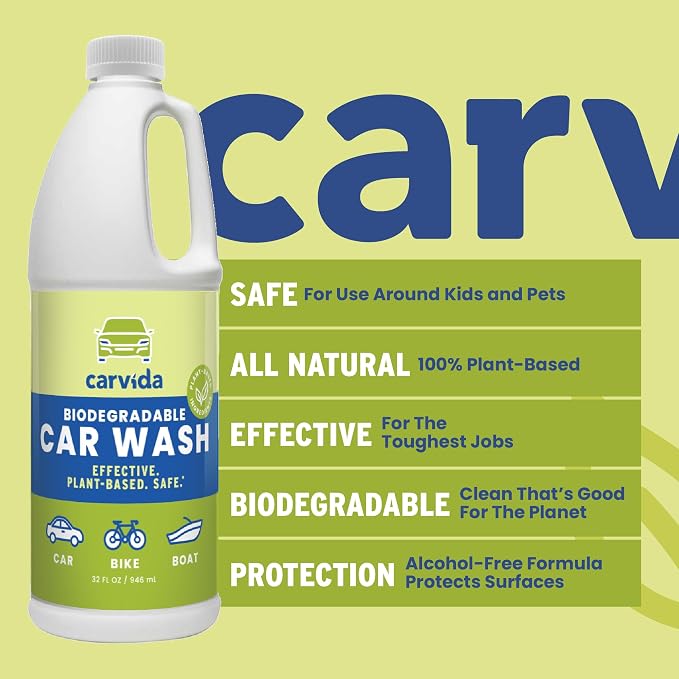 Carvida Biodegradable Car Wash, Non-Toxic, Low-Foam, Environmentally-Friendly Plant-based Concentrate, 32oz