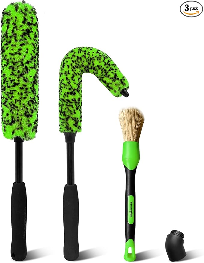 3PCS Quick Car Wheel Brush Kit, 2-Size 360° Bendale Rim Cleaner Brushes, Boars Hair Detailing Brush, Fast Scratch-Free Cleaning for Car Wheels, Motorcycle, Green