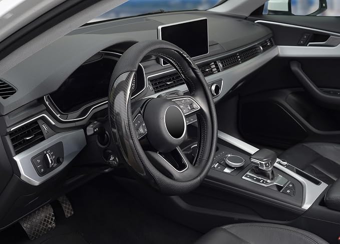 Car Steering Wheel Cover Universal 14 1/2"-15" Leather Carbon Fiber Anti-Slip Car Accessories, Black