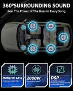 2000W 10 Inch Underseat Car Subwoofer and Amp Package, Slim Powered Under Seat Sub with Built-in Class D Amp and DSP, Blue LED Switch, Low Pass Filter, Bass Boost for Truck SUV