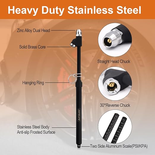 Heavy Duty Tire Pressure Gauge, Straight-on Dual Head Air Pressure Gauge, 10-150PSI 100-1000KPa Tire Air Gauge, Non-Slip Handle and Extended Tube for Semi Truck Car RV Van