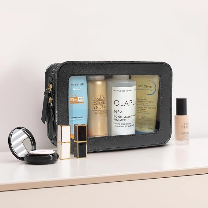 Clear Beach Makeup Bags, TSA Approved Toiletry Bag with Zipper, Clear Makeup Organizer Fit Carry-on Travel Car Accessories Essentials,Portable Travel Small Pouch for Women Men (Black)