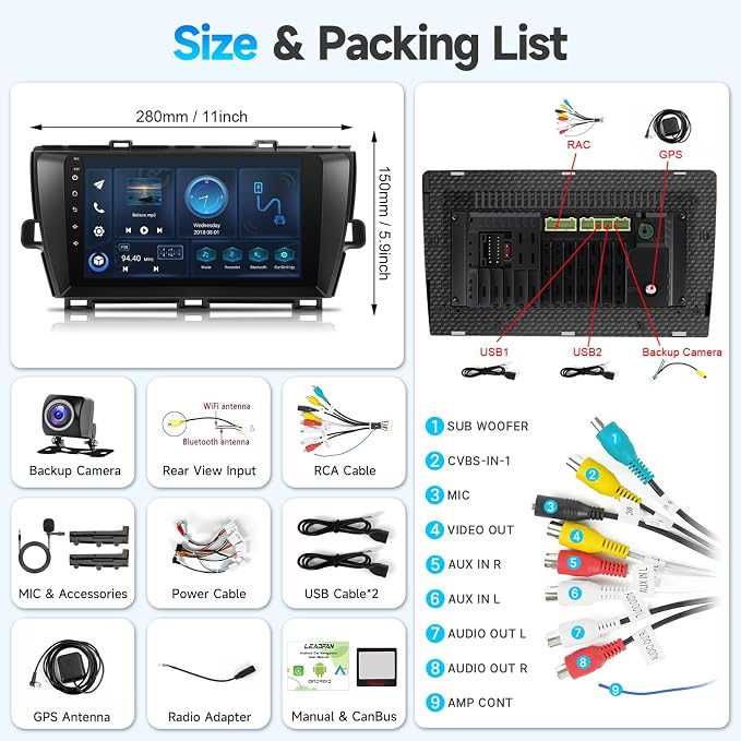 Android Car Radio for Toyota Prius 2010-2015 Stereo Compatible with Apple CarPlay Android Auto, Touch Screen with Bluetooth/GPS/WiFi/MIC/Backup Camera (for Large Screens but NOT with JBL)