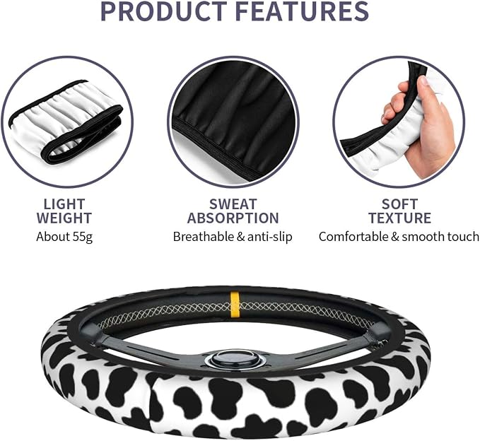 Cow Print 3pc car Set : Steering Wheel Cover + 2 Pc Car Coasters | neoprene Anti-Slip Breathable Universal 14.5-15.5 in for Suitable for Men Women