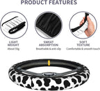 Cow Print 3pc car Set : Steering Wheel Cover + 2 Pc Car Coasters | neoprene Anti-Slip Breathable Universal 14.5-15.5 in for Suitable for Men Women