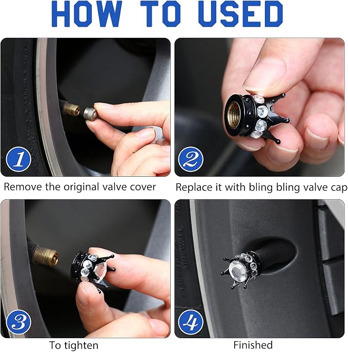4 Pieces Crown Tire Valve Stem Caps Bling Handmade Crystal Rhinestone Universal Chrome Crown Vehicle Car Tire Caps Covers, Attractive Accessories for Car (White and Black)