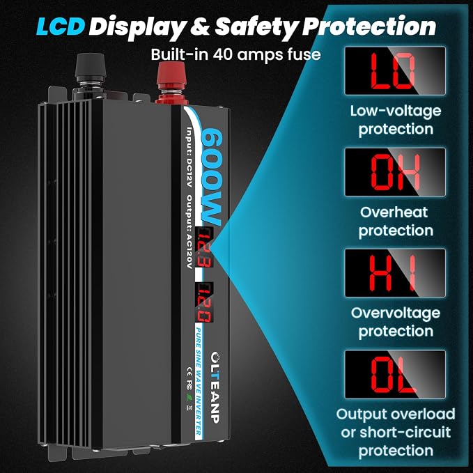 600W Power Inverter Pure Sine Wave Inverter 12V DC to 120V AC Converter for Car, Truck, Home, Vehicles, Laptop, Car Inverter 12V to 110V with 2 AC Outlets, 2 USB Ports, LCD Display
