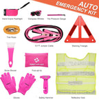 Car Emergency Kit for Teen Girl and Lady's Gifts, Pink Emergency Roadside Assistance kit with 10FT Jumper, First Aid Kit, Safety Hammer, Tow Rope, and More Ideal Pink Car Accessories Tool