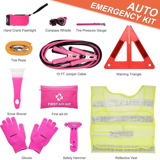 Car Emergency Kit for Teen Girl and Lady's Gifts, Pink Emergency Roadside Assistance kit with 10FT Jumper, First Aid Kit, Safety Hammer, Tow Rope, and More Ideal Pink Car Accessories Tool
