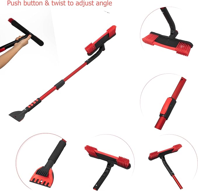 30–40" Extendable Snow Brush with Ice Scraper & Built-in Squeegee, Aluminum Handle, Scratch-Free Bristles, 3-in-1 Winter Car Tool for Cars, SUVs & Trucks, Red