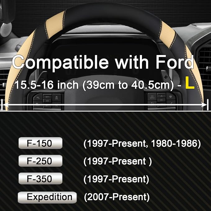 Customized Auto Car Steering Wheel Cover for Ford F-150, F-250, F-350, Expedition (Black+Beige)