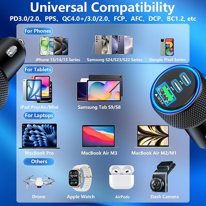 [Apple MFi Certified] iPhone 17 Car Charger Fast Charging, KYOHAYA 3Port 67W PD/QC Car Power Adapter USB-C Car Charger Car Accessories + Type-C Braided Cord for iPhone 17/17 Pro/16 Pro/15/Galaxy/Pixel