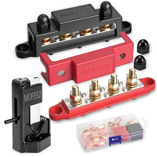 Power Distribution Block Bus Bar 4 × 3/8" Posts 6 × #8 Screws with Hammer Lug Crimping Tool, Marine Bus Bar 48V 250A for Automotive, Car, Boat, Solar Wiring
